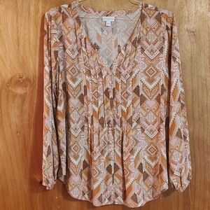 🌵J. Jill Womens Soft Split Neck Blouse Pink Brown Southwest Pattern Pleated L